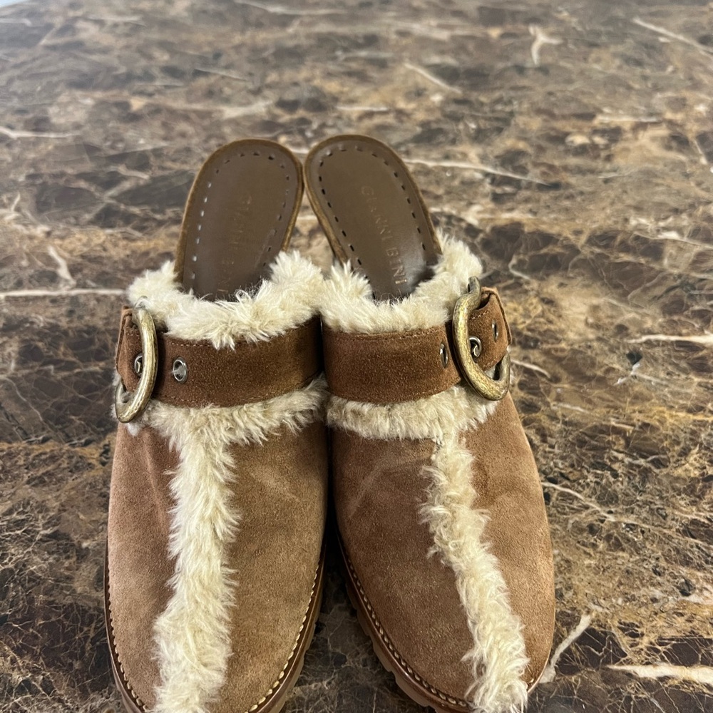 Gianni Bini Brown Suede Shearling Mule Heels Western Buckle Clog Size 8 - Picture 4 of 7